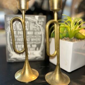 Vintage small Brass Gold Trumpet Candle Holders set
